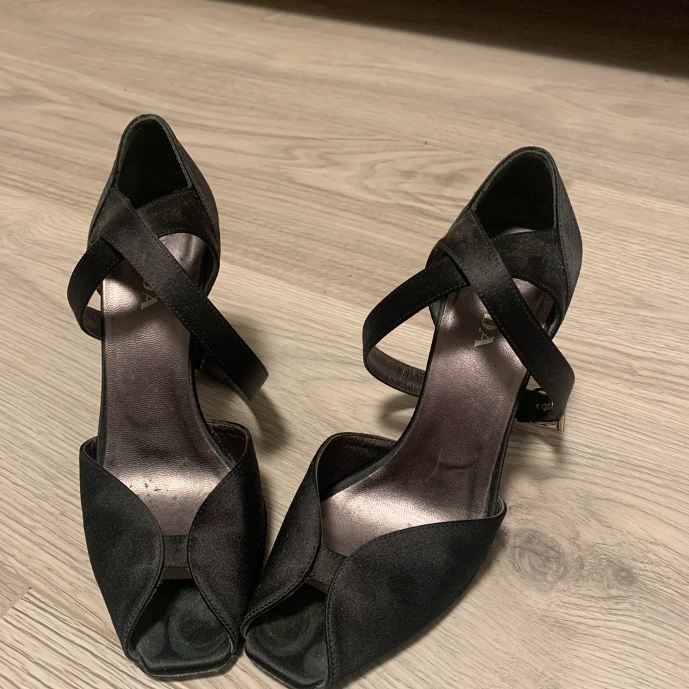 Prada black satin peep toe heels